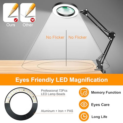10X Magnifying Glass with Light and Stand, Magnifier with Light Hands Free, 3 Color Modes 10 Level Dimmable, Magnifying Real Glass LED Desk Lamp for Close Work, Repair, Reading, Craft, Black - color: Black