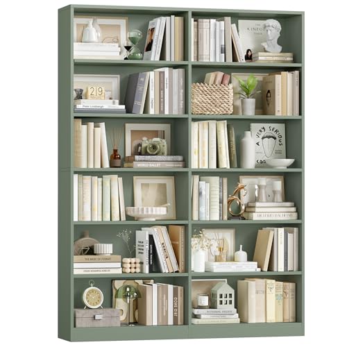 FACBOTALL Bookshelf Tall Bookcase, 6-Tier Double Wide Bookshelves, Green - color: Green