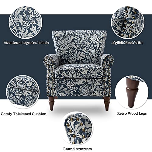 HULALA HOME Traditional Floral Accent Chair with Solid Wood Legs, Navy | Comfy Upholstered Armchair Reading Chair with Rolled Armrests, Nailhead Trim, Removable Cushion, for Living Room Bedroom - color: Navy