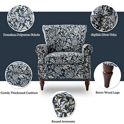 HULALA HOME Traditional Floral Accent Chair with Solid Wood Legs, Navy | Comfy Upholstered Armchair Reading Chair with Rolled Armrests, Nailhead Trim, Removable Cushion, for Living Room Bedroom - color: Navy