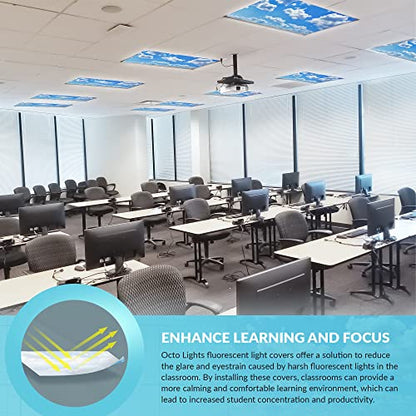 OCTO LIGHTS Fluorescent Light Covers for Classroom Office - Eliminate Harsh Glare Causing Eyestrain and Headaches. Office & Classroom Decorations - Cloud 001-2pk | ASTM E84 & UL723 Fire Safety Certified | Reduces Glare & Eye Strain | Easy Drop-In Install