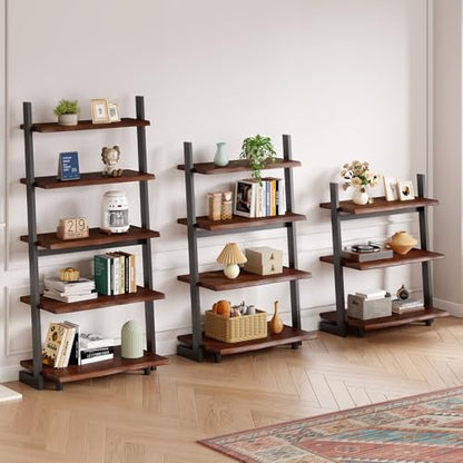 IBF 4-Tier Solid Wood Ladder Bookshelf with Natural Live Edge | Rustic Walnut Storage & Display Leaning Bookcase, Modern Space-Saving Shelf for Living Room, Bedroom, Home Office - size: 4 Tier