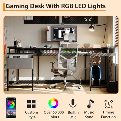 IDEALHOUSE U Shaped Home Office Desk, Reversible L Shaped Gaming Computer Desk with Power Outlets,126 Inch Computer Desk with Monitor Stand and LED Lights,Storage Shelves,Storage Bag and Hooks（Black） - color: Black