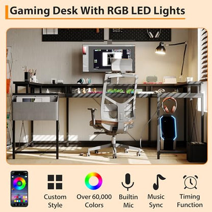 IDEALHOUSE U Shaped Home Office Desk, Reversible L Shaped Gaming Computer Desk with Power Outlets,126 Inch Computer Desk with Monitor Stand and LED Lights,Storage Shelves,Storage Bag and Hooks（Black） - color: Black