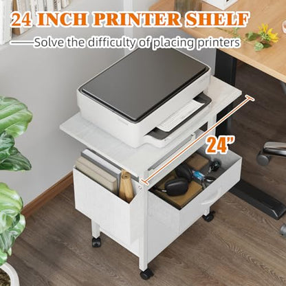GYIIYUO 2 Drawer File Cabinet 24''W, Mobile Filing Cabinet, Printer Stand | 24'' Extended Desktop, Rolling, Side Bag, Fits A4/Letter Size, Home Office, Fabric Drawer, White - color: White