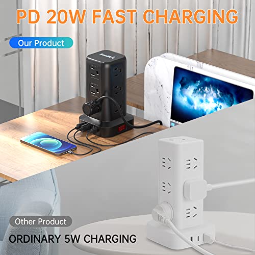 Extension Cord with Multiple Outlets, SMALLRT Power Strip Tower, PD 20W USB C, Outlet Extender with USB Ports 12 AC Outlets, 6.5FT Extension Cord for Home Office, Overload Protection - color: Black, size: 6.5 Ft without wireless charging 20W
