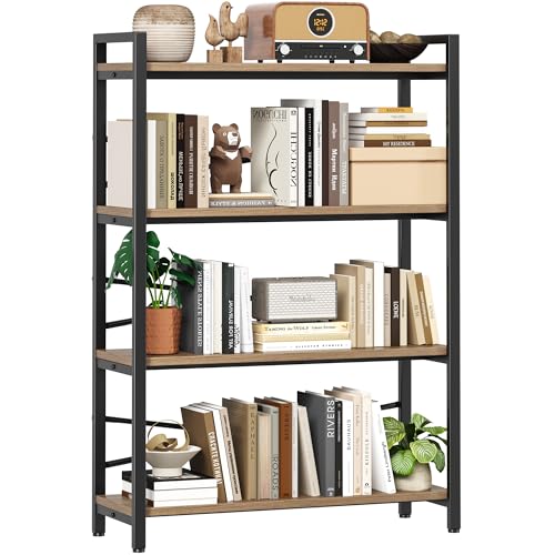 4 Tier Bookshelf 31.49" Width, Tall Book Shelf Storage and Organization, Wooden and Metal Industrial Bookcase, Large Book Shelves for Home Living Room Bedroom Office Storage(Light Coffee) - color: Light Coffee, size: 4 Tier - 31.5" W