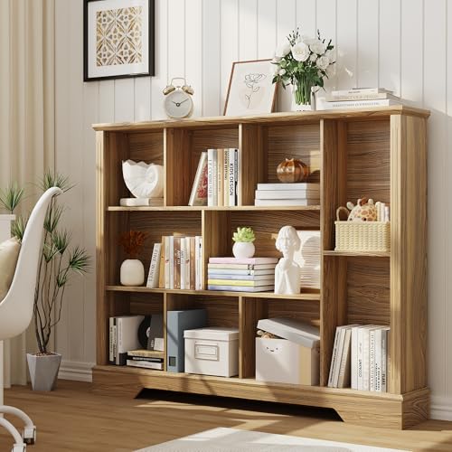 10-Cube Storage Organizer Bookshelf, 4-Tier Wooden Bookcase with Adjustable Shelf, Sturdy Cube Storage Shelf for Small Spaces, Modern Low Profile Shelving Unit for Living Room & Bedroom