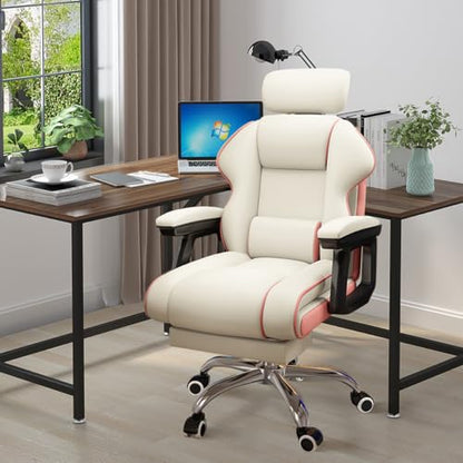 Executive Computer Chair Home Office Desk Chair,Adjustable Angle, Ergonomic Adjustable Height PU Leather Chairs with Cushions Armrest for Long Time Seating-High Office Chair with Footrest - color: White and Pink