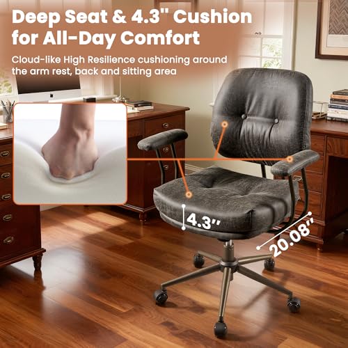 Leather Home Office Chair, Mid Back Ergonomic Desk Chair with Lumbar Support, Mid Century Modern Deep Seat Swivel Rocking Computer Chair, Dark Gray - color: Dark Gray,suede Fabric, size: Big Mid Back