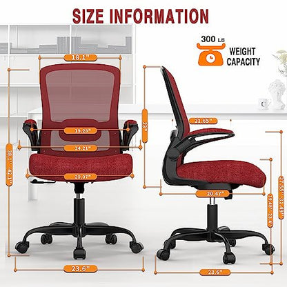 Ergonomic Office Chair w/Adjustable Lumbar, Flip Armrest, 135° Recline - color: Red, Carmine Roses
