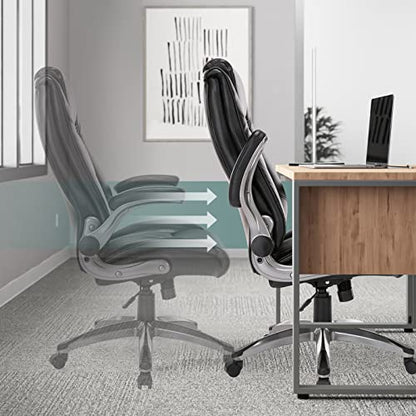 MALOL Leather Executive Office Chair - High Back Home Computer Desk Chair with Padded Flip-up Arms, Adjustable Tilt Lock, Swivel Rolling Ergonomic Chair for Adult Working Study, Black - color: Black