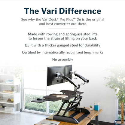 Vari Varidesk Pro Plus 36 Standing Desk Converter for Home Office – 11 Height Settings + Spring-Loader Lift, 2 Tier Design with Keyboard Tray, Fits Tables 26.5" Deep – Fully Assembled (Espresso) - color: Espresso