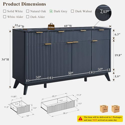 T4TREAM 60 Inch Fluted Buffet Sideboard Cabinet, Dark Grey | Modern Coffee Bar Storage Cabinet With 3 Drawers & 4 Doors, for Dining Room, Living Room, Hallway, Adjustable shelves - color: Dark Grey