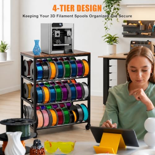 3D Printer Stand with Filament Storage, 4-Tier 3D Printer Table Cart Filament Storage Rack with Wheels, Heavy Duty Metal 3D Printer Desk Shelf for Studio Garage Office Workshop