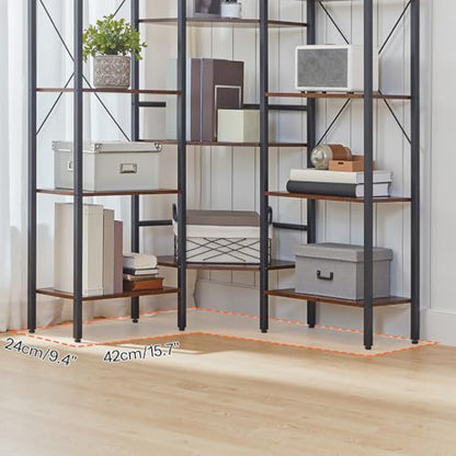 HOOBRO Industrial Corner Bookshelf, 5-Tier L-Shaped Bookcase, Open Display Storage Rack, Floor Standing Storage Shelf, for Living Room, Bedroom, Home Office, Rustic Brown and Black BF68SJ01