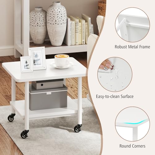GOFLAME Under Desk Printer Stand, 2-Tier Mobile Printer Table with Storage Shelf, Metal Frame, Rolling Printer Cart Holder Storage Rack with Lockable Wheels for Home Office, White - color: White