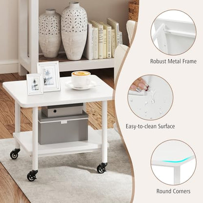 GOFLAME Under Desk Printer Stand, 2-Tier Mobile Printer Table with Storage Shelf, Metal Frame, Rolling Printer Cart Holder Storage Rack with Lockable Wheels for Home Office, White - color: White