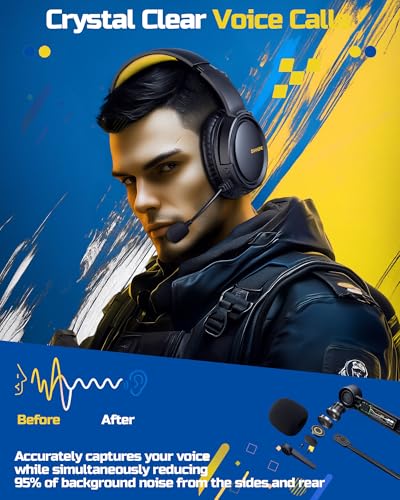 BINNUNE Wireless Gaming Headset — 2.4GHz Low-Latency USB Dongle + Bluetooth, 50mm Drivers 7.1 Surround, Noise-Cancelling Mic, 40H Battery — Over Ear Wireless Headphones for PS5, PC, Laptop, Yellow - color: Yellow
