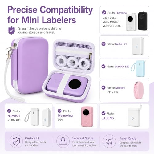 PAIYULE Hard EVA Case for Phomemo D30/D35 for Nelko P21 Label Maker - color: Purple