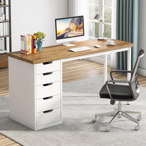 Tribesigns Computer Desk with 5 Drawers, 47 inches Rustic Brown Home Office Desk with Storage, Modern Simple Laptop Desk Study Writing Table for Small Spaces (1, Walnut+White) - color: Walnut+white
