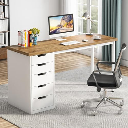 Tribesigns Computer Desk with 5 Drawers, 47 inches Rustic Brown Home Office Desk with Storage, Modern Simple Laptop Desk Study Writing Table for Small Spaces (1, Walnut+White) - color: Walnut+white