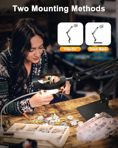 10X Magnifying Lamp with Light [Clamp and Stand], 4.3” Real Glass Lens Magnifier Desk Lamp Clip On, Metal Swing Arm LED Ring Light with 3 Color Modes & 10 Brightness for Close Work Crafts Nail - style: Lamp with Clamp and Stand