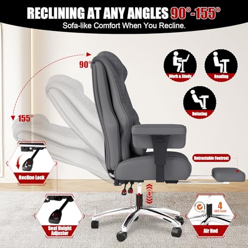 Big and Tall Office Chair with Foot Rest, High Back Computer Desk Chair - color: Grey