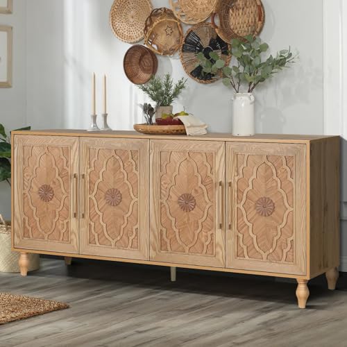 Sideboard Buffet 63" Credenzas for Living Room, Entryway Table with Storage Cabinet Natural Wood Color, Carved Flowers Doors & Cable Holes - color: Natural