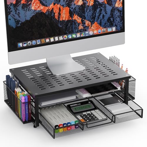 Metal Monitor Stand Riser with Heat Dissipation Holes, 2-Tier Computer Desk Organizer with Drawer & Pen Holders for Laptop, iMac, PC (Black)