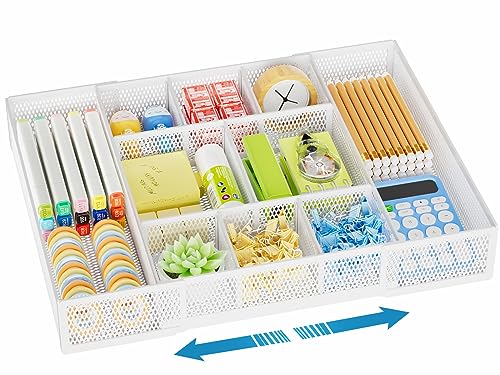 Marbrasse Expandable Desk Drawer Organizer, Mesh Drawer Organizer Tray with 10 Adjustable Compartments, Desk Organizers and Accessories, 5 Dividers Drawer for Office Supplies, Makeup & Vanity (White) - color: Expandable-White