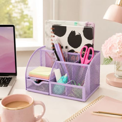 Exerz Metal Mesh Desk Organizer 7 Compartments with Drawer Light Purple - color: Light Purple