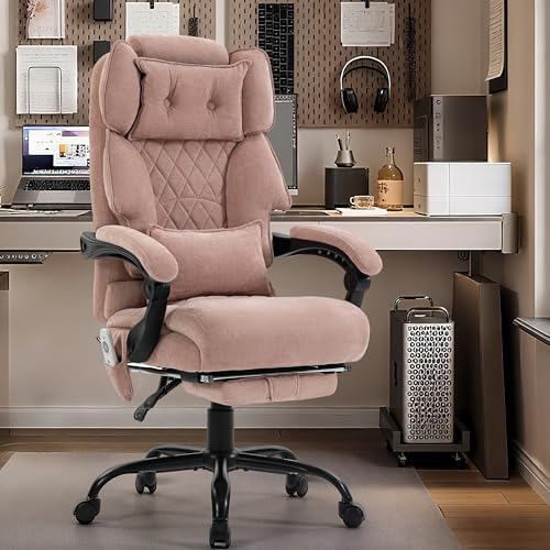 Massage Office Chair with Foot Rest,6 Points Vibration & Heat Executive Office Chairs for Heavy People,500LBS Big and Tall Office Chair,Ergonomic Reclining Desk Chair, PinkCloth - color: Pink, size: 6 Point Vibration