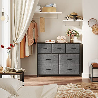 WLIVE 7 Drawer Dresser TV Stand, Entertainment Center, Media Console Table with Metal Frame and Wood Top for TV up to 45 inch, Chest of Drawers for Bedroom, Living Room, Dark Grey - color: Dark Grey