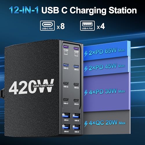 420W USB C Charger Block, 12-Port USB C Charging Station for Multiple Devices, Leather Texture Dual PD 65W Laptop Fast Charger Compatible with MacBook Pro/Air, iPad, iPhone,Galaxy and More, Black - color: Black, size: 4 feet