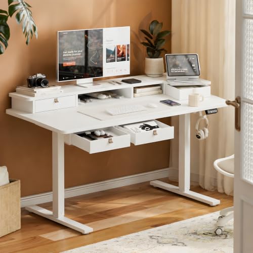 Grandder Electric Standing Desk with Four Drawers, Sit to Stand Up Height Adjustable Desk with Storage Shelf for Home Office, 47 * 28 Inch, Study, Ergonomic Adjustable Computer Desk, White - color: White With 4 Drawers, size: 47 Inch