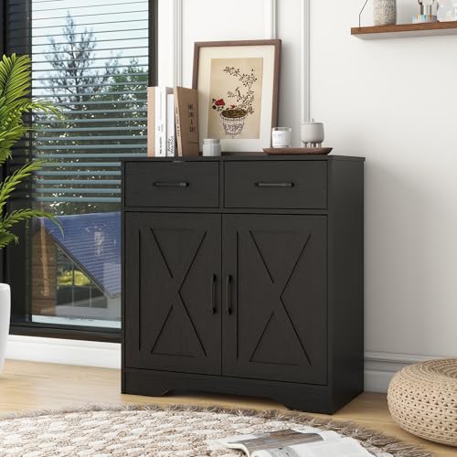 Panana Sideboard 2 Drawers 2 Doors Entryway Storage Cabinet Living Room Organizer Farmhouse Style Wooden Kitchen Cupboard (Black) - color: Black