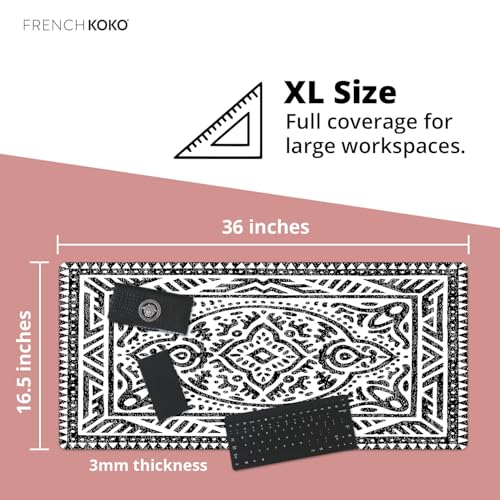 French KOKO Desk Mat, Large Desk Pad Large Mouse Pad Cute Desk Accessories Home Office Essentials XL Desk Mat Desk Pad Keyboard Mouse Desk Pads Computer Cute Women Girls (Black White Rug, 36" x 16.5") - color: Black White Rug, size: 16.5" x 36"