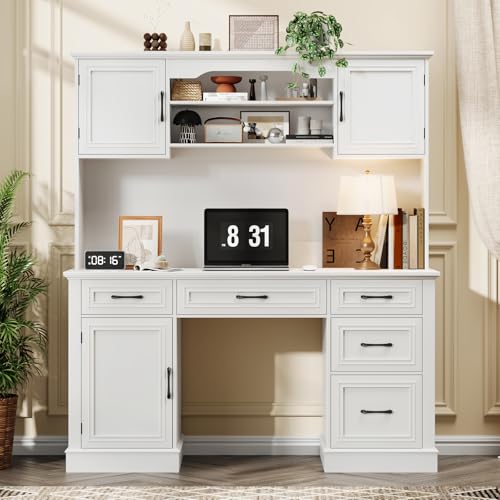 Vabches Executive Desk with 5 Drawers, Cream White - color: Cream White, size: Barn Doors