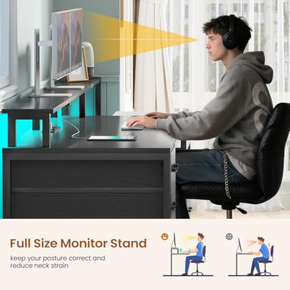 SEDETA Computer Desk with 5 Drawer, Power Outlet, Led Lights, Black - color: Black With Led Lights, size: 67X18.5inch