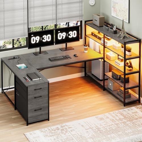 SEDETA Reversible Corner U Shaped Computer Desk with 3 Drawers - color: Grey