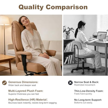 EXCEBET Big and Tall Office Chair 400lbs Wide Seat, Leather High Back Executive Office Chair with Foot Rest, Ergonomic Chairs Lumbar Support for Lower Back Pain Relief, All-Day Comfort (Brown) - color: Light Brown