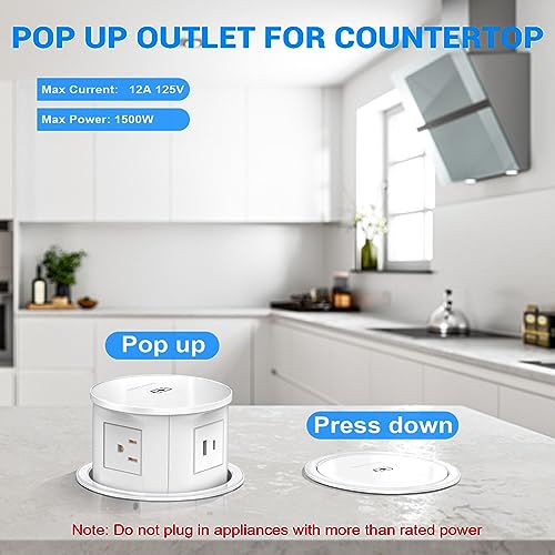 XBA Pop Up Outlet with 15W Wireless Charger, 4 AC Plug 1 USB-A and 1 USB-C, Electrical Desk Power Grommet for Kitchen Countertop, 4-3/4'' Hidden Recessed Power Strip for Home Office (White) - color: White