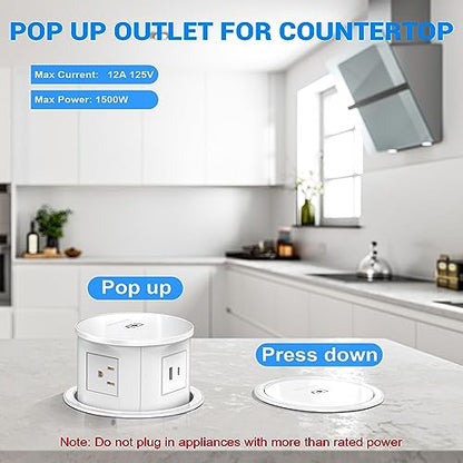 XBA Pop Up Outlet with 15W Wireless Charger, 4 AC Plug 1 USB-A and 1 USB-C, Electrical Desk Power Grommet for Kitchen Countertop, 4-3/4'' Hidden Recessed Power Strip for Home Office (White) - color: White