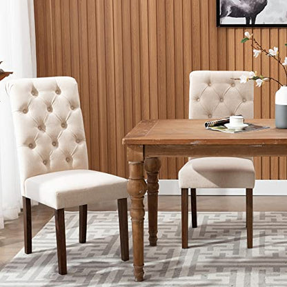 COLAMY Button Tufted Dining Chairs Set of 6, Accent Parsons Diner Chair Upholstered Fabric Dining Room Chairs Stylish Kitchen Chairs with Solid Wood Legs and Padded Seat - Dark Beige - color: Beige, size: set of 6