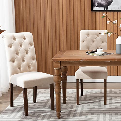 COLAMY Button Tufted Dining Chairs Set of 6, Accent Parsons Diner Chair Upholstered Fabric Dining Room Chairs Stylish Kitchen Chairs with Solid Wood Legs and Padded Seat - Dark Beige - color: Beige, size: set of 6