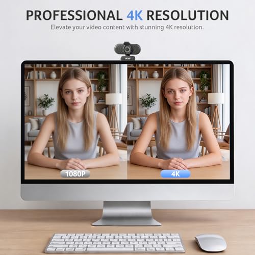Acer A640 4K Webcam with AI Noise Canceling Mic for Streaming Meetings | Sony 1/2.8" Sensor, PDAF Autofocus, 2K 1080P/60fps, A to C Adapter, Computer Camera for switch 2 Camera Teams Zoom Facetime - color: Light Black