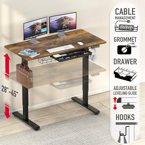 SHW 48-Inch Electric Height Adjustable Standing Desk w/Drawer, Rustic Brown - color: Rustic Brown, size: 48-Inch