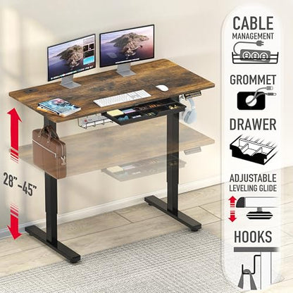 SHW 48-Inch Electric Height Adjustable Standing Desk w/Drawer, Rustic Brown - color: Rustic Brown, size: 48-Inch