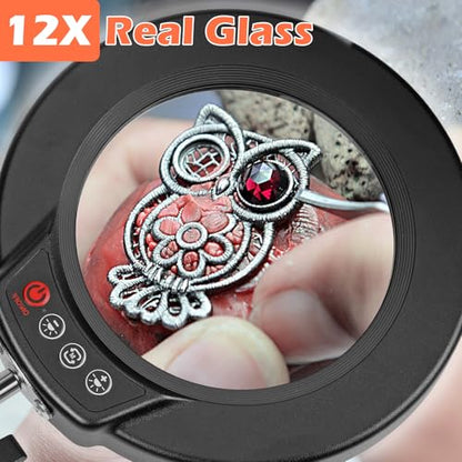 12X Magnifying Glass with Light and Stand, Real Glass Lens Magnifying Desk Lamp, Lighted Magnifier with Light Stepless Dimming Hands Free for Craft, Reading, Painting, Sewing, Solder - color: Black